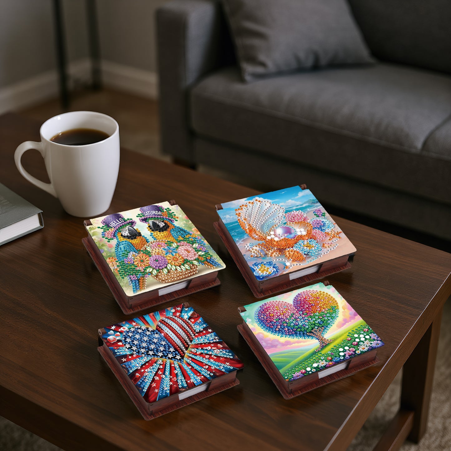 Birds and Hearts Wooden DIY 5D Diamond Painting Note Box 640 Notepads for Office