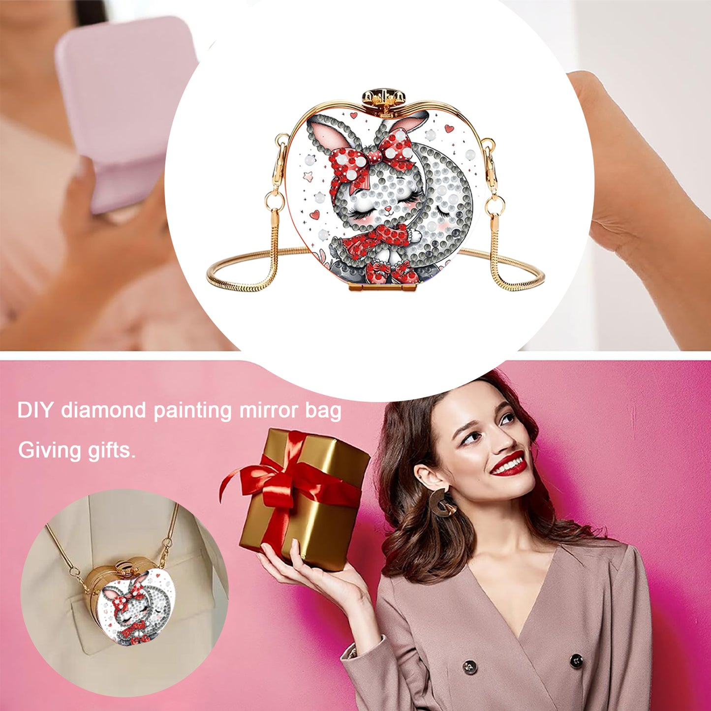 Rabbit DIY Acrylic Love Art Diamond Painting Coin Purse w/ Chain for Women Girl