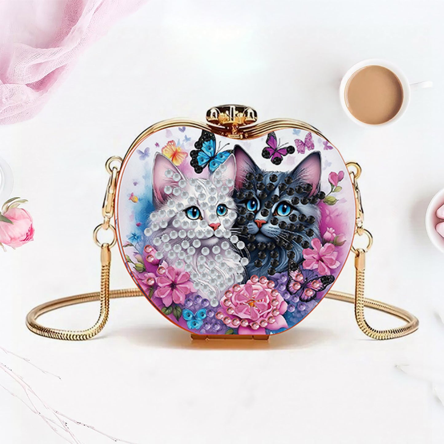 Two Cats DIY Acrylic Love Art Diamond Painting Coin Purse with Chain for Women