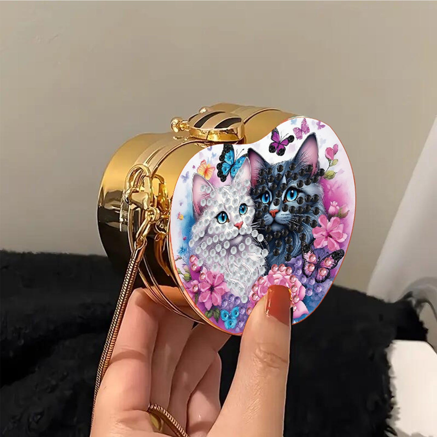 Two Cats DIY Acrylic Love Art Diamond Painting Coin Purse with Chain for Women