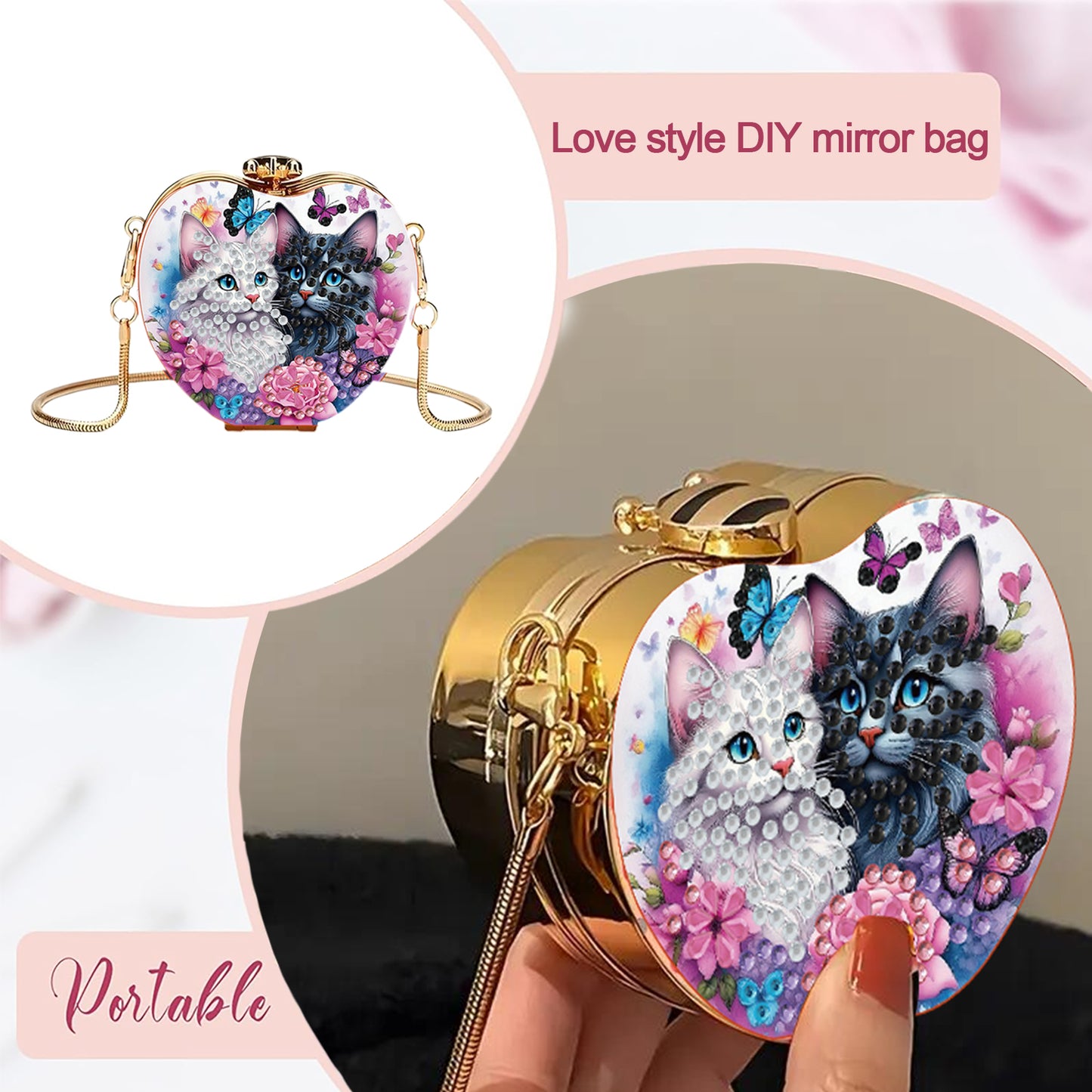 Two Cats DIY Acrylic Love Art Diamond Painting Coin Purse with Chain for Women