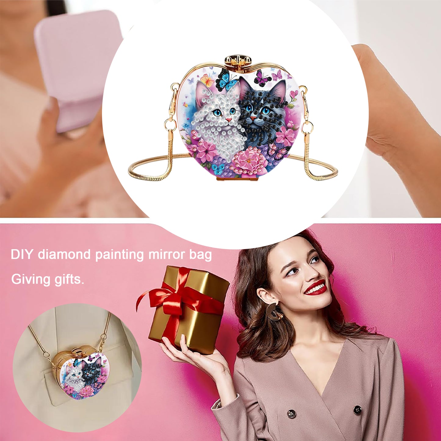 Two Cats DIY Acrylic Love Art Diamond Painting Coin Purse with Chain for Women