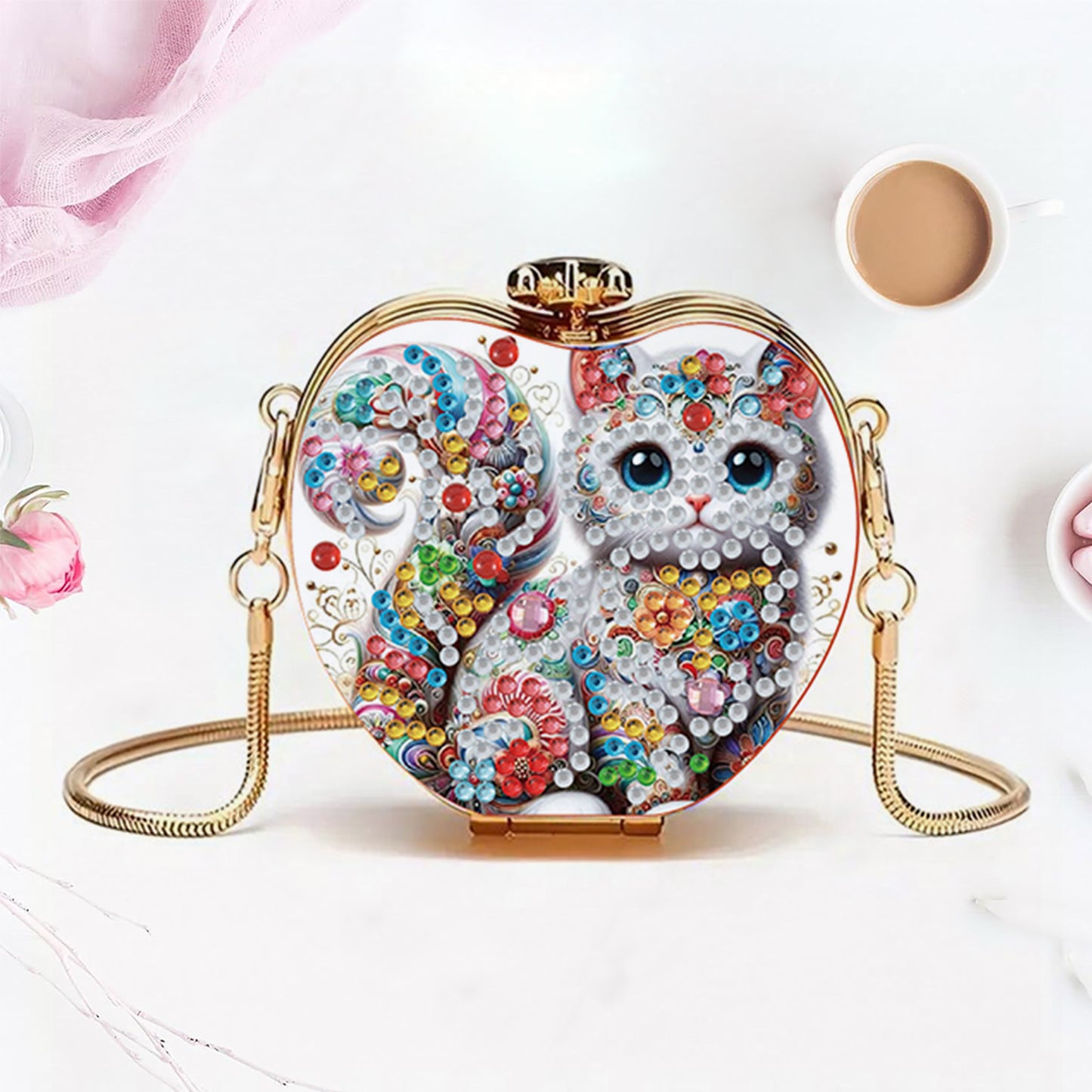 Cat DIY Acrylic Love Art Diamond Painting Coin Purse with Chain for Women Girls