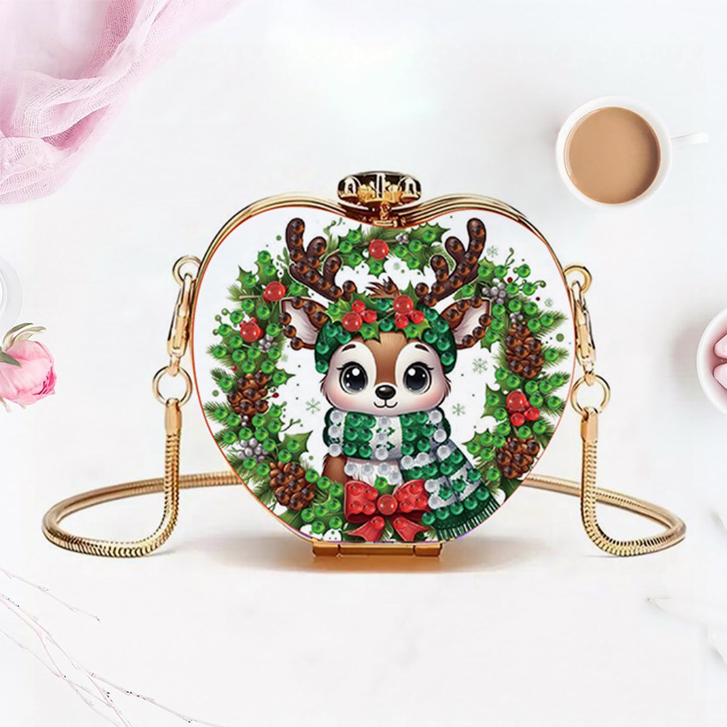 Xmas Reindeer DIY Acrylic Love Art Diamond Painting Coin Purse w/Chain for Women