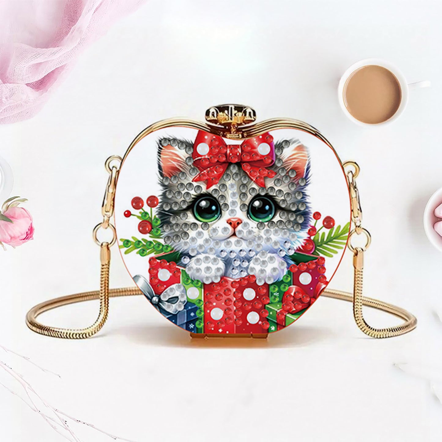 Xmas Cat DIY Acrylic Love Art Diamond Painting Coin Purse with Chain for Women