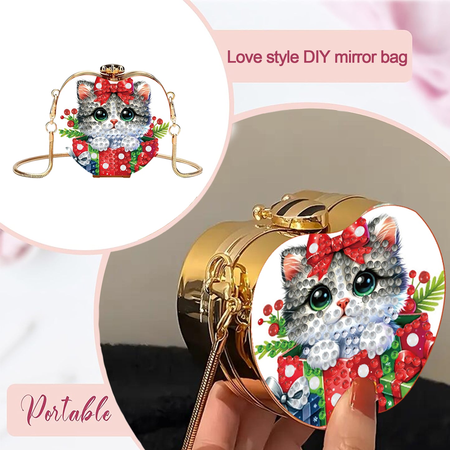 Xmas Cat DIY Acrylic Love Art Diamond Painting Coin Purse with Chain for Women