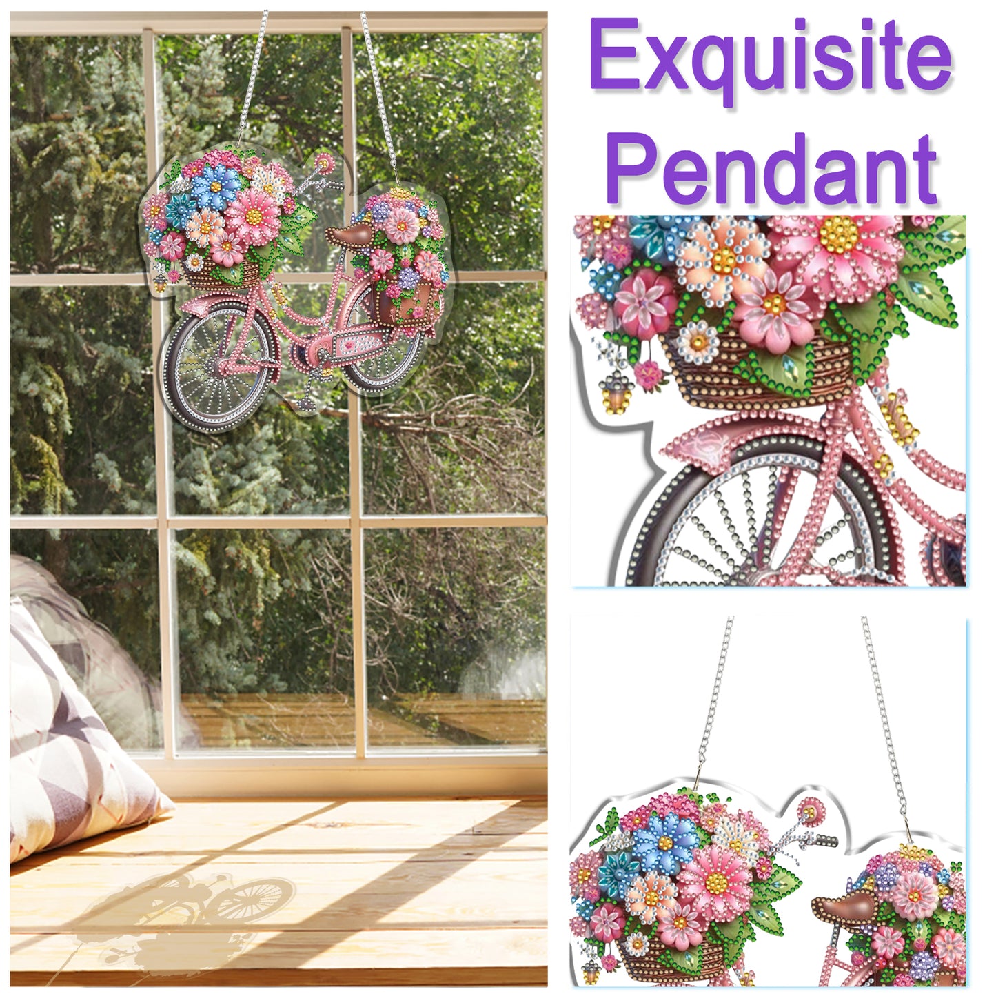 Flower Bicycle 2D Flat DIY Diamond Painting Kits Window Hanging for Home Decor