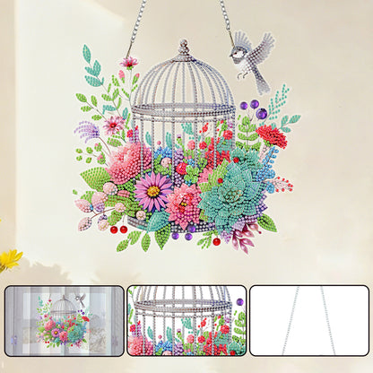 Birdcage Flowers 2D Flat DIY Acrylic Diamond Painting Kits Window Hanging