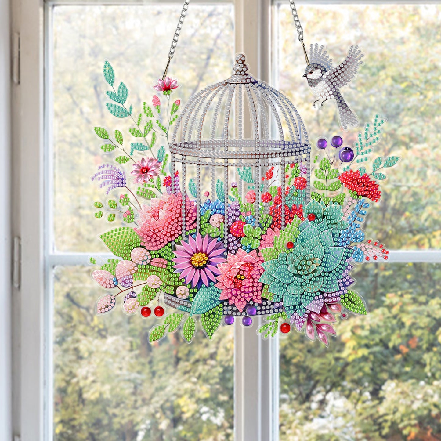 Birdcage Flowers 2D Flat DIY Acrylic Diamond Painting Kits Window Hanging