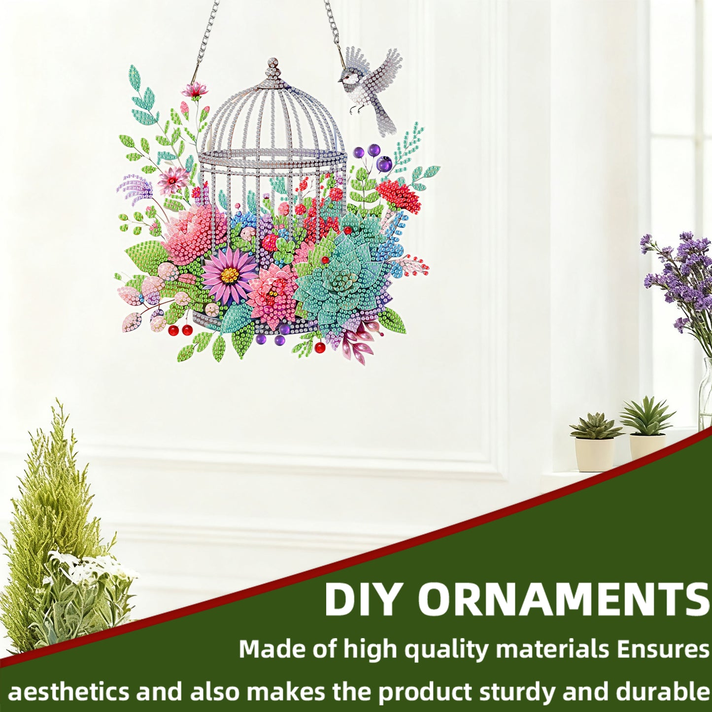 Birdcage Flowers 2D Flat DIY Acrylic Diamond Painting Kits Window Hanging