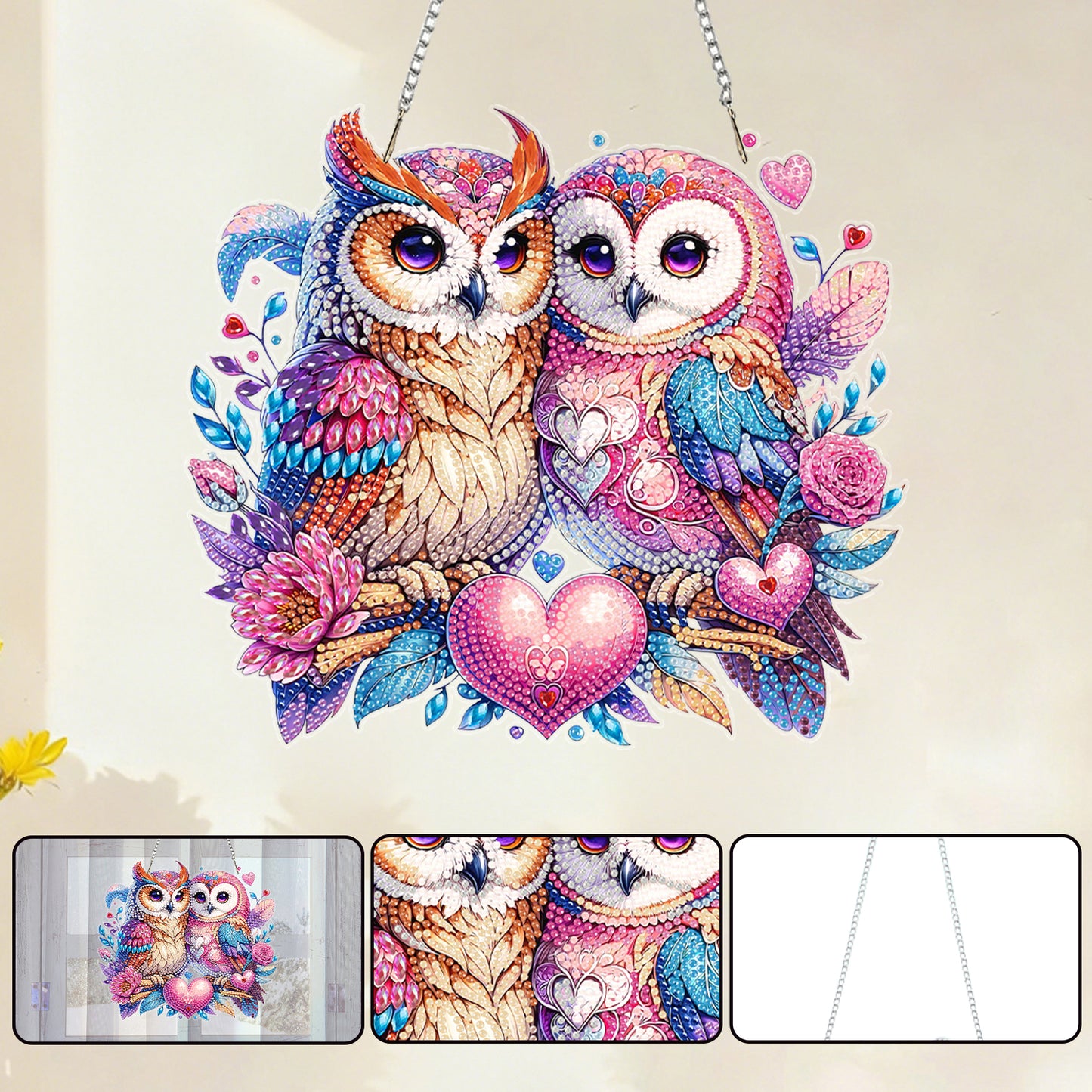 Owl Heart 2D Flat DIY Acrylic Diamond Painting Kits Window Hanging Home Decor