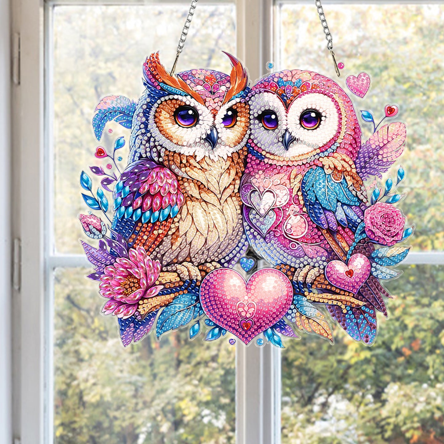 Owl Heart 2D Flat DIY Acrylic Diamond Painting Kits Window Hanging Home Decor