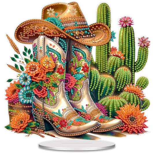 Acrylic 2D Flat Cowboy Boots Cacti DIY Table Top Diamond Painting Ornament Kits