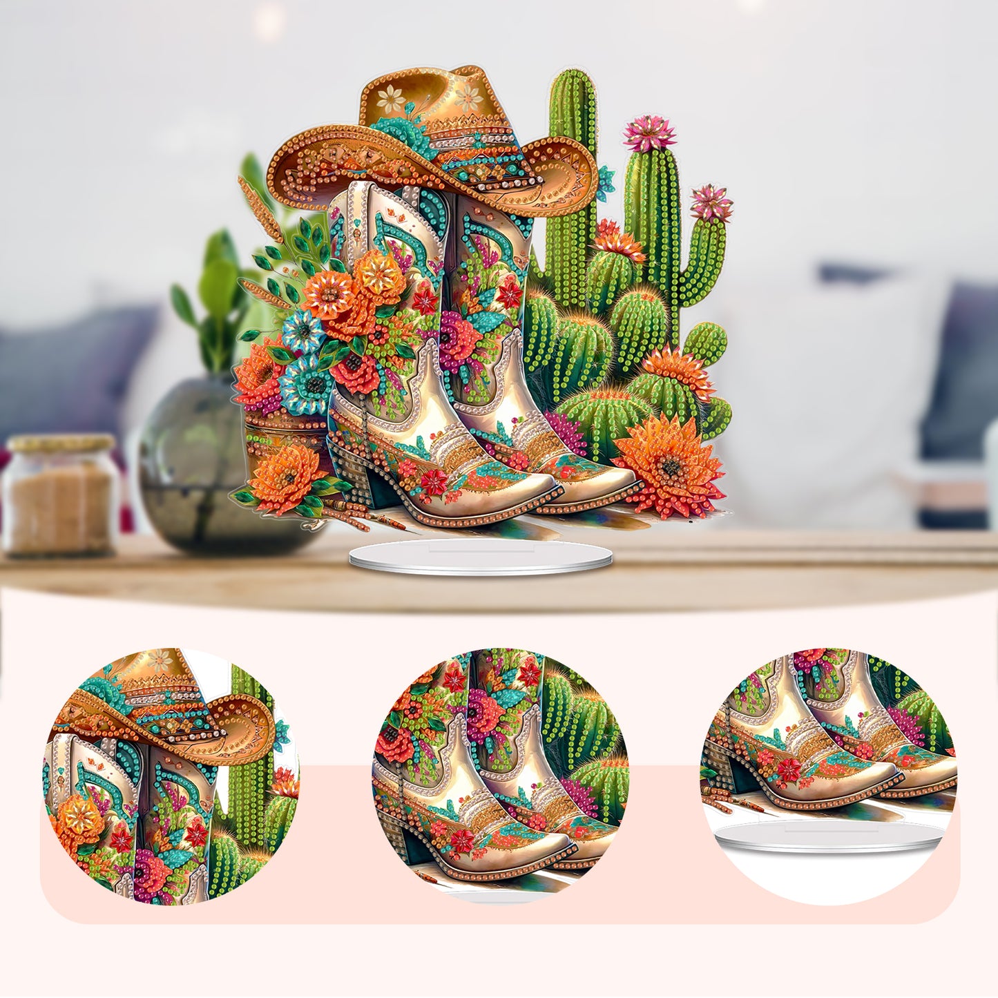 Acrylic 2D Flat Cowboy Boots Cacti DIY Table Top Diamond Painting Ornament Kits