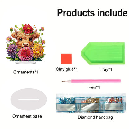 Acrylic 2D Flat cow and Flower DIY Table Top Diamond Painting Ornament Kits