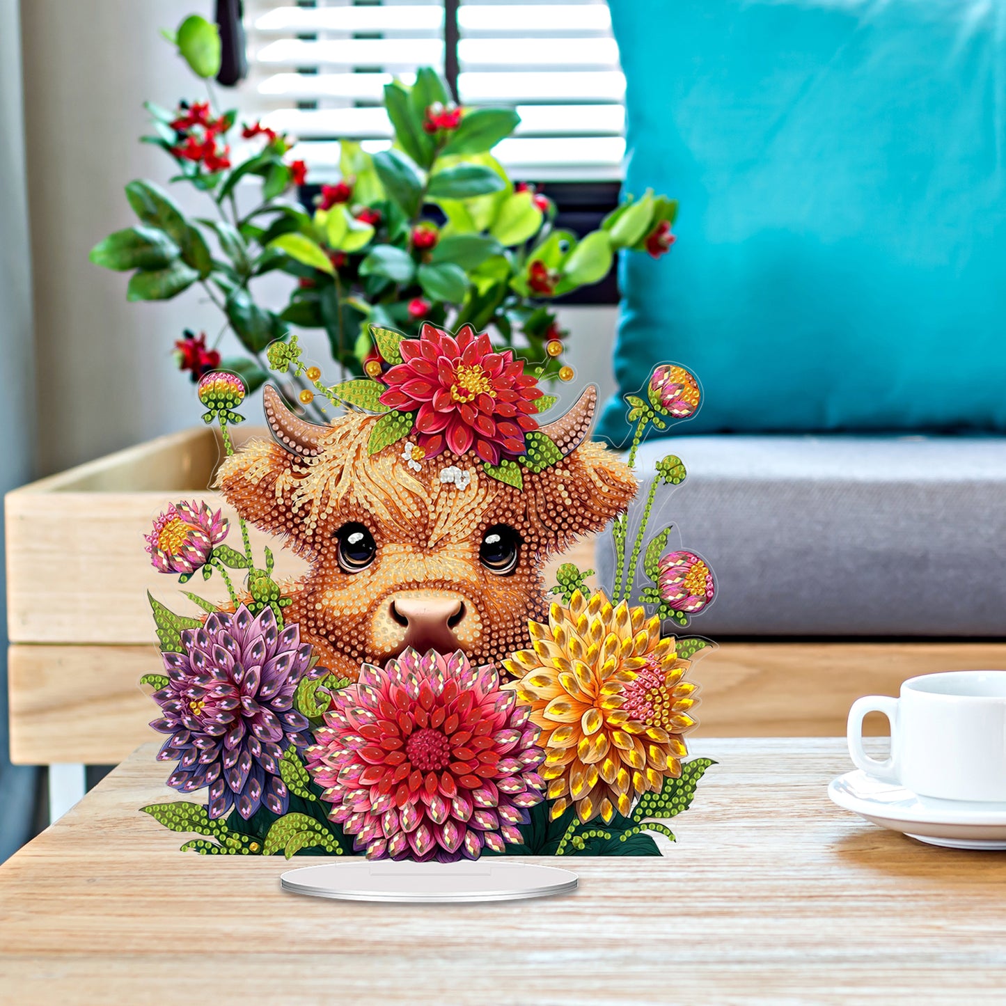 Acrylic 2D Flat cow and Flower DIY Table Top Diamond Painting Ornament Kits