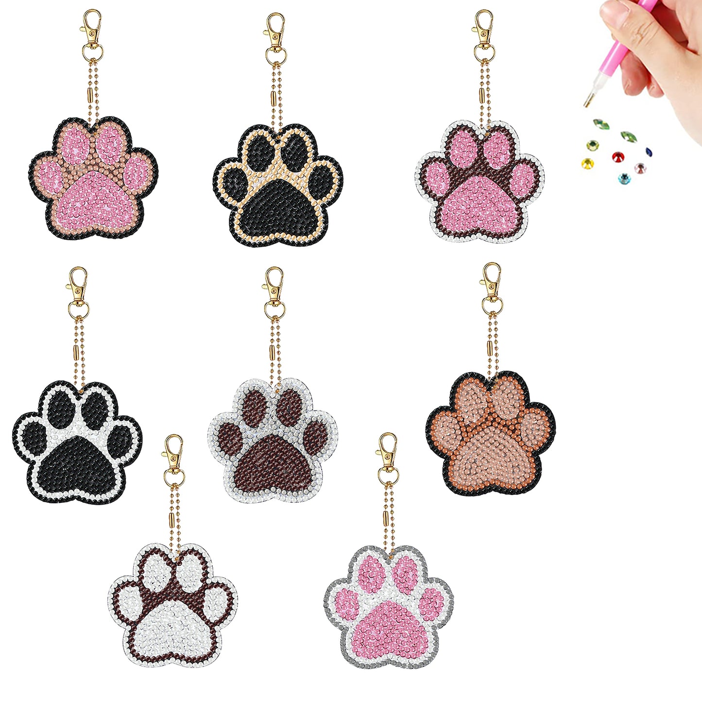 8PCS Double Sided Diamond Art Keyring Dog Paws for Adult Purse Handbag Decor