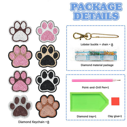 8PCS Double Sided Diamond Art Keyring Dog Paws for Adult Purse Handbag Decor