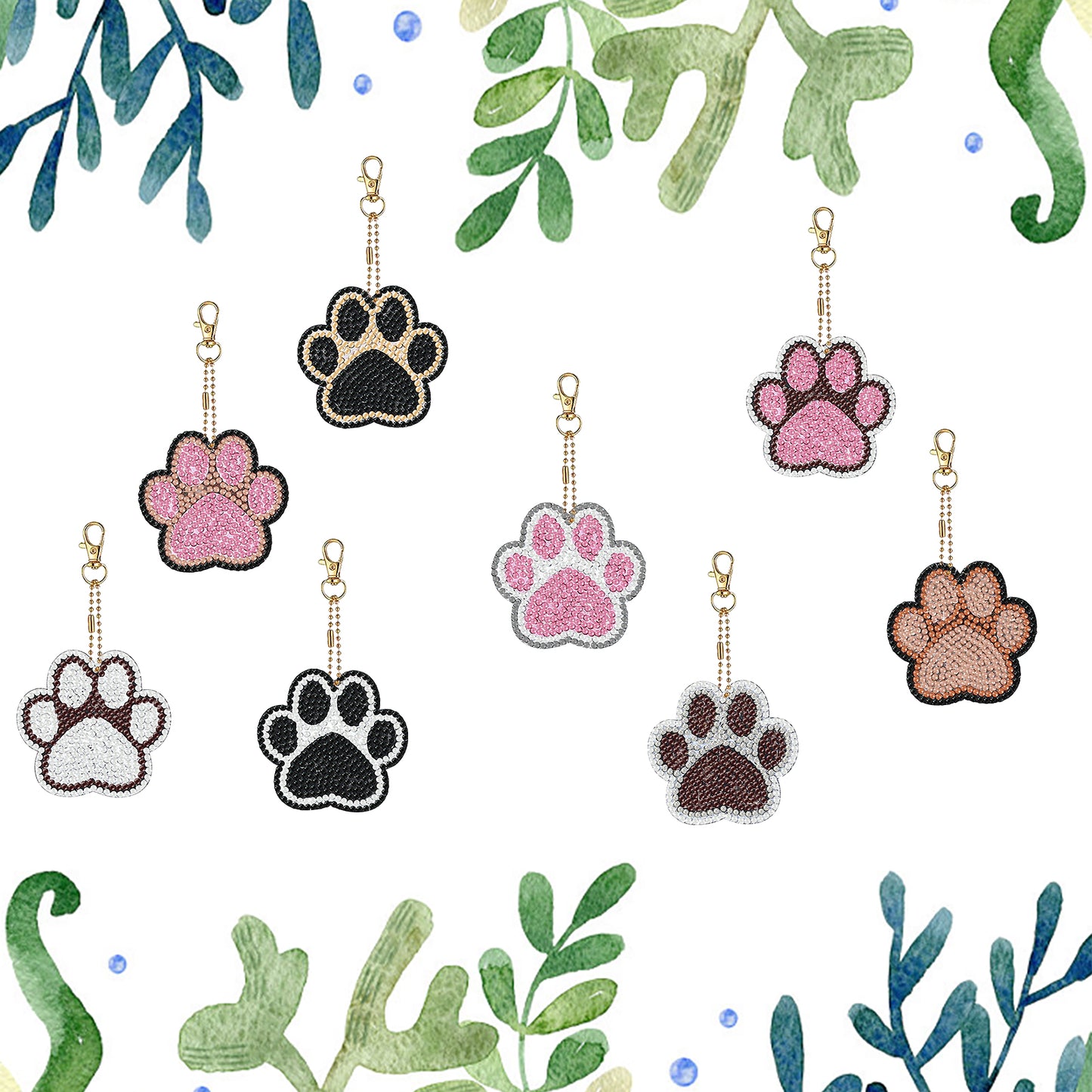 8PCS Double Sided Diamond Art Keyring Dog Paws for Adult Purse Handbag Decor