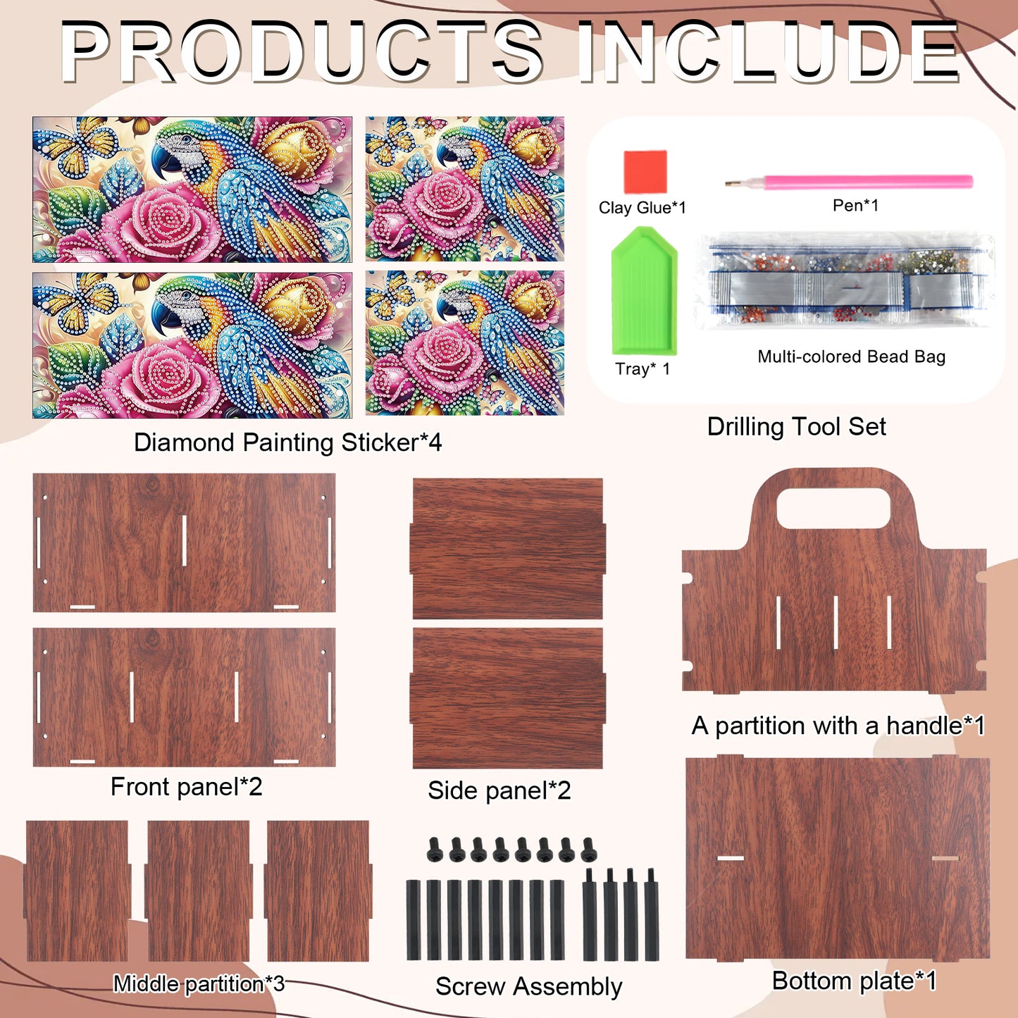 Parrot DIY Wooden Diamond Art Painting Storage Box with Handheld for Home Decor