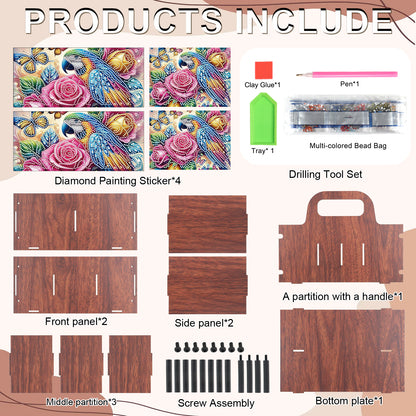 Parrot DIY Wooden Diamond Art Painting Storage Box with Handheld for Home Decor