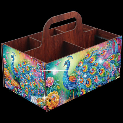 Peacock DIY Wooden Diamond Art Painting Storage Box with Handheld for Home Decor