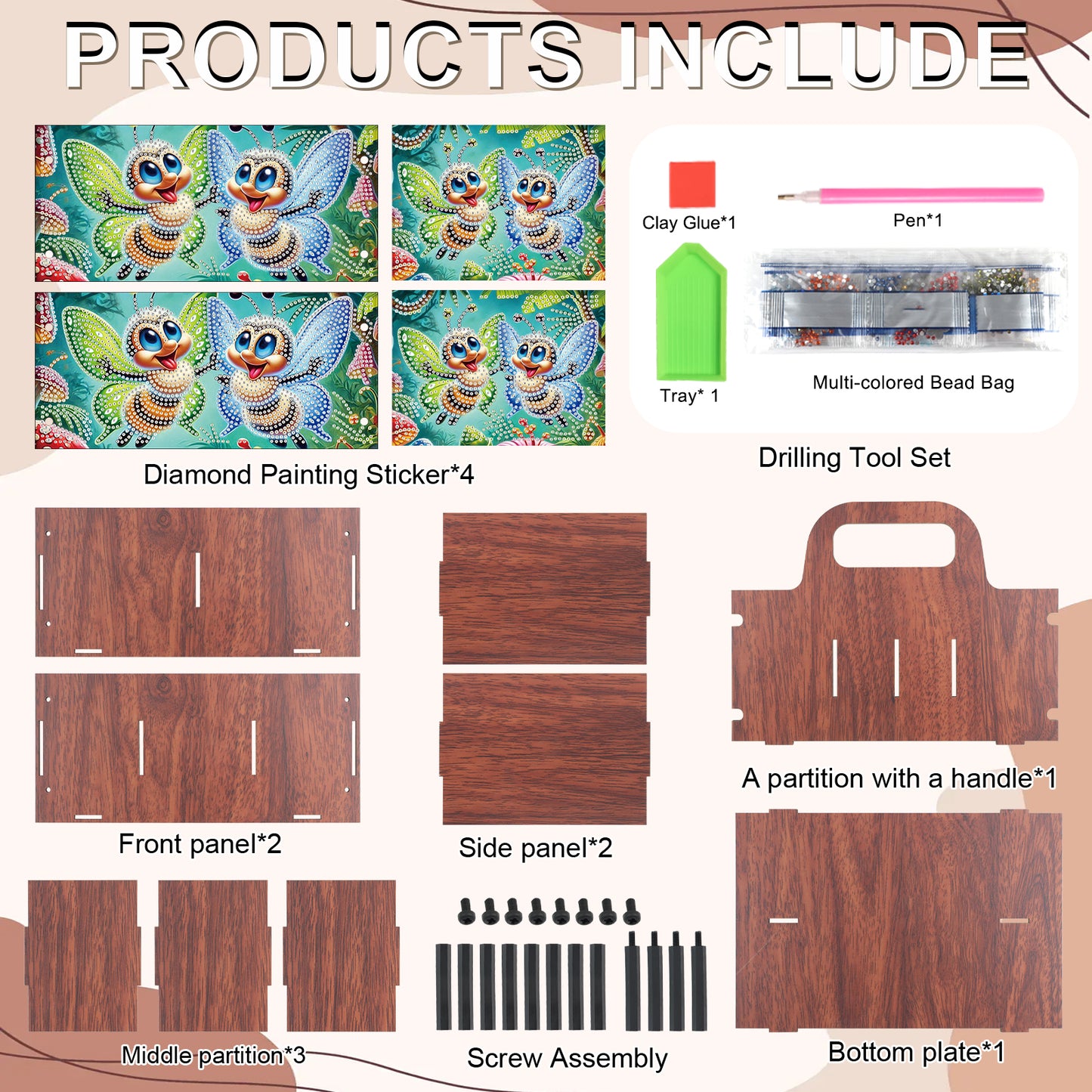 Bee DIY Wooden Diamond Art Painting Storage Box with Handheld Home Decor