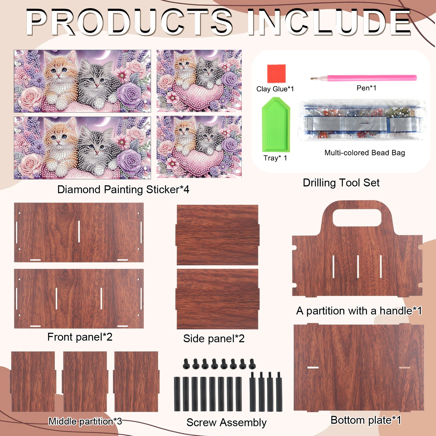 Cat DIY Wooden Diamond Art Painting Storage Box with Handheld Home Decor