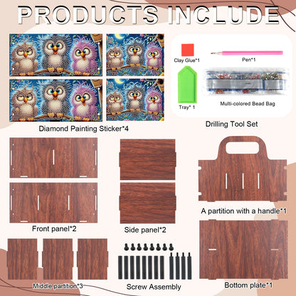 Three Owls DIY Wooden Diamond Art Painting Storage Box with Handheld Home Decor