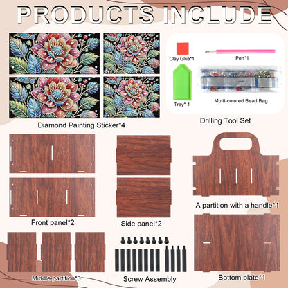 Flowers DIY Wooden Diamond Art Painting Storage Box with Handheld Home Decor