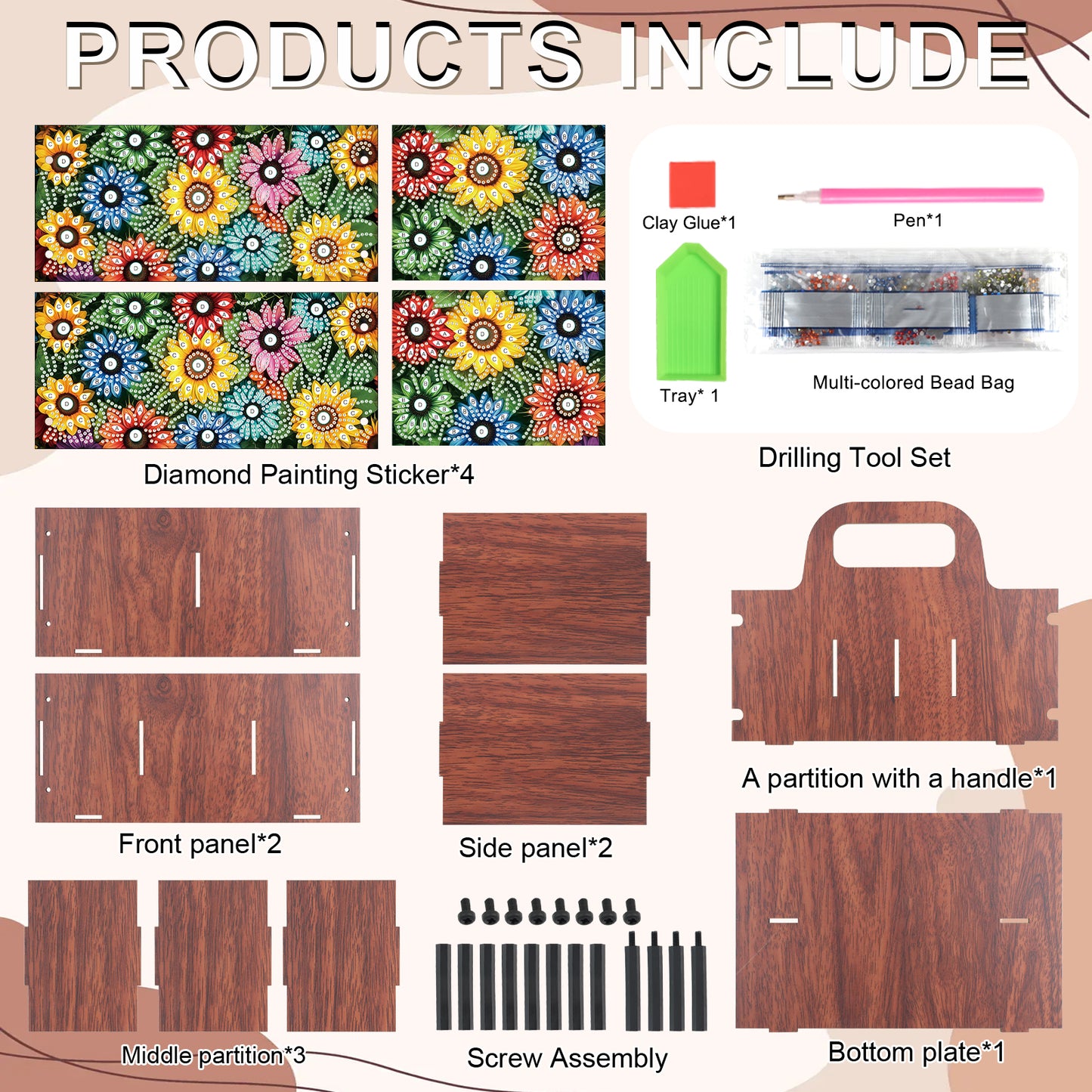 Colorful Flowers DIY Wooden Diamond Art Painting Storage Box with Handheld Home