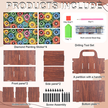 Colorful Flowers DIY Wooden Diamond Art Painting Storage Box with Handheld Home