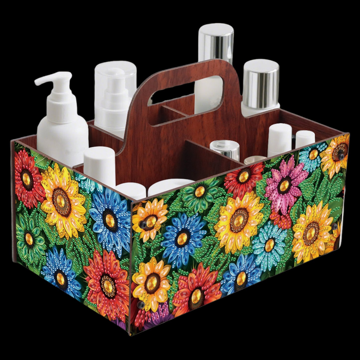 Colorful Flowers DIY Wooden Diamond Art Painting Storage Box with Handheld Home