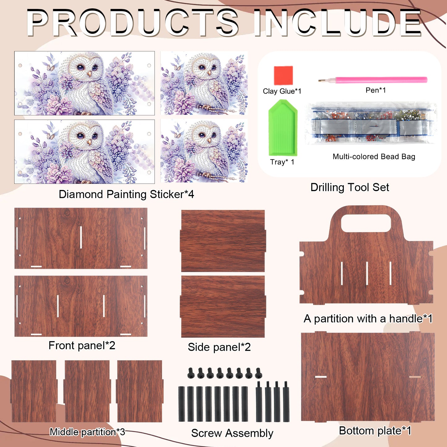 Purple Owl DIY Wooden Diamond Art Painting Storage Box with Handheld Home Decor