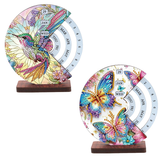 2pcs Butterfly Hummingbir Diamond Art Wooden Round Rotatable Calendar for Home