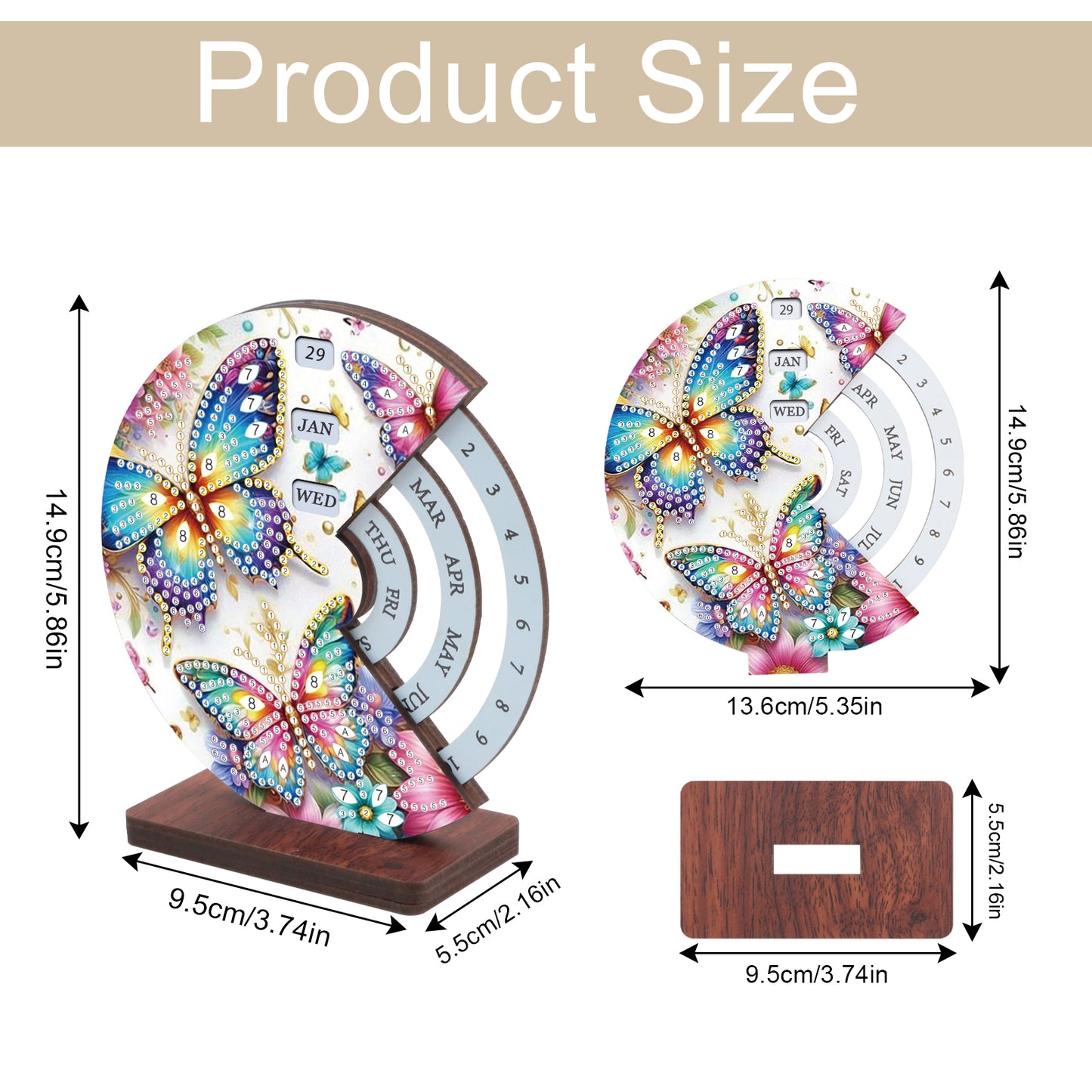 2pcs Butterfly Hummingbir Diamond Art Wooden Round Rotatable Calendar for Home