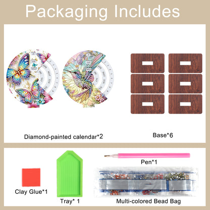 2pcs Butterfly Hummingbir Diamond Art Wooden Round Rotatable Calendar for Home