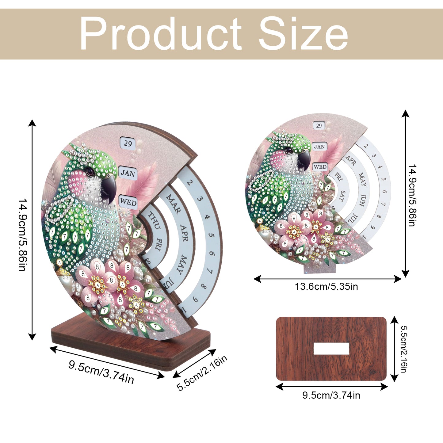 2pcs Parrot DIY Diamond Art Wooden Round Rotatable Calendar for Home Office