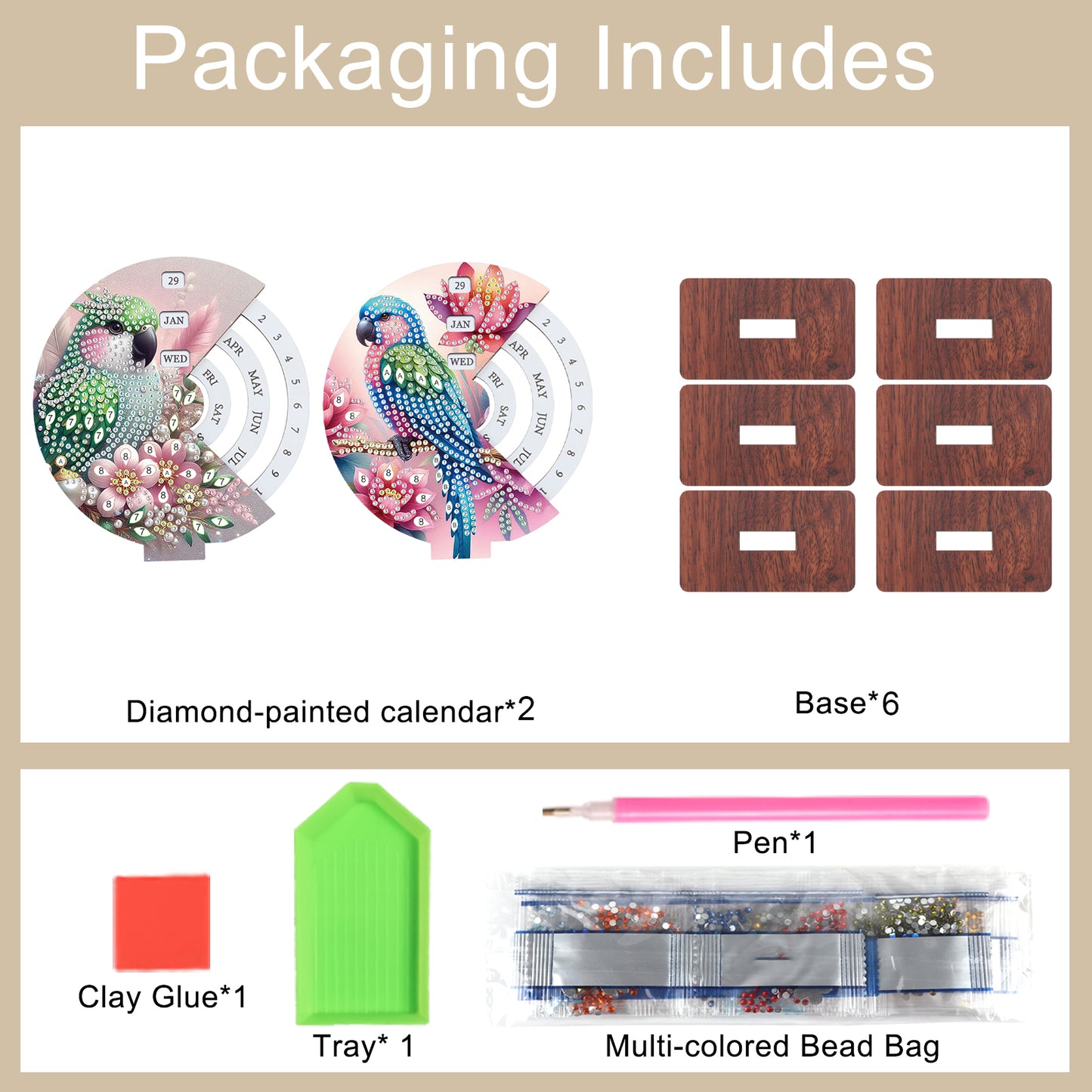 2pcs Parrot DIY Diamond Art Wooden Round Rotatable Calendar for Home Office