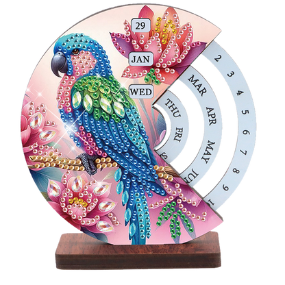 2pcs Parrot DIY Diamond Art Wooden Round Rotatable Calendar for Home Office