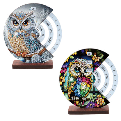 2pcs Owl DIY Diamond Art Wooden Round Rotatable Calendar for Home Office Desk