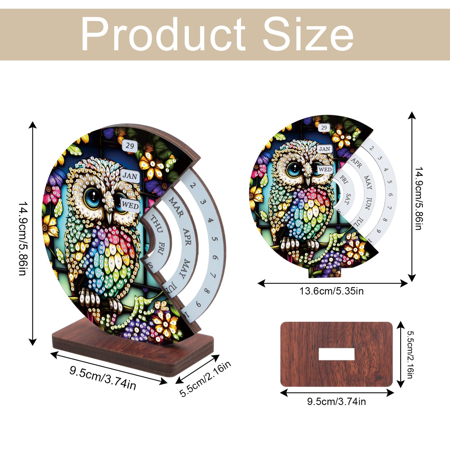 2pcs Owl DIY Diamond Art Wooden Round Rotatable Calendar for Home Office Desk