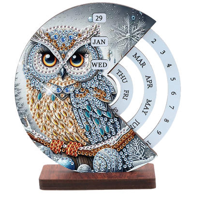 2pcs Owl DIY Diamond Art Wooden Round Rotatable Calendar for Home Office Desk