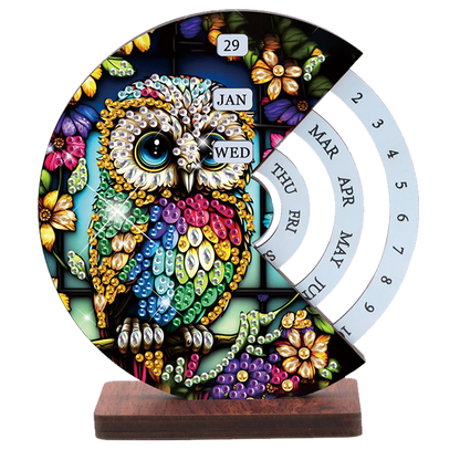 2pcs Owl DIY Diamond Art Wooden Round Rotatable Calendar for Home Office Desk