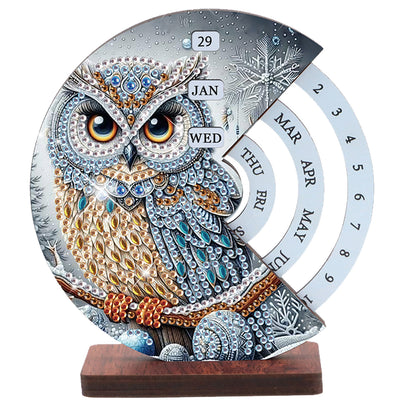 2pcs Owl DIY Diamond Art Wooden Round Rotatable Calendar for Home Office Desk