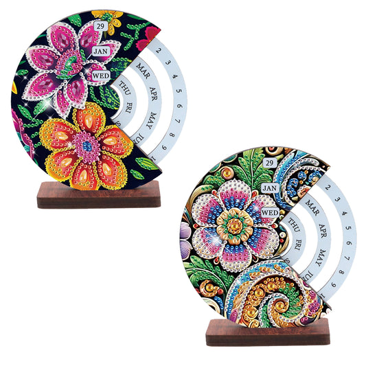 2pcs Flower Datura DIY Diamond Art Wooden Round Rotatable Calendar for Home Desk