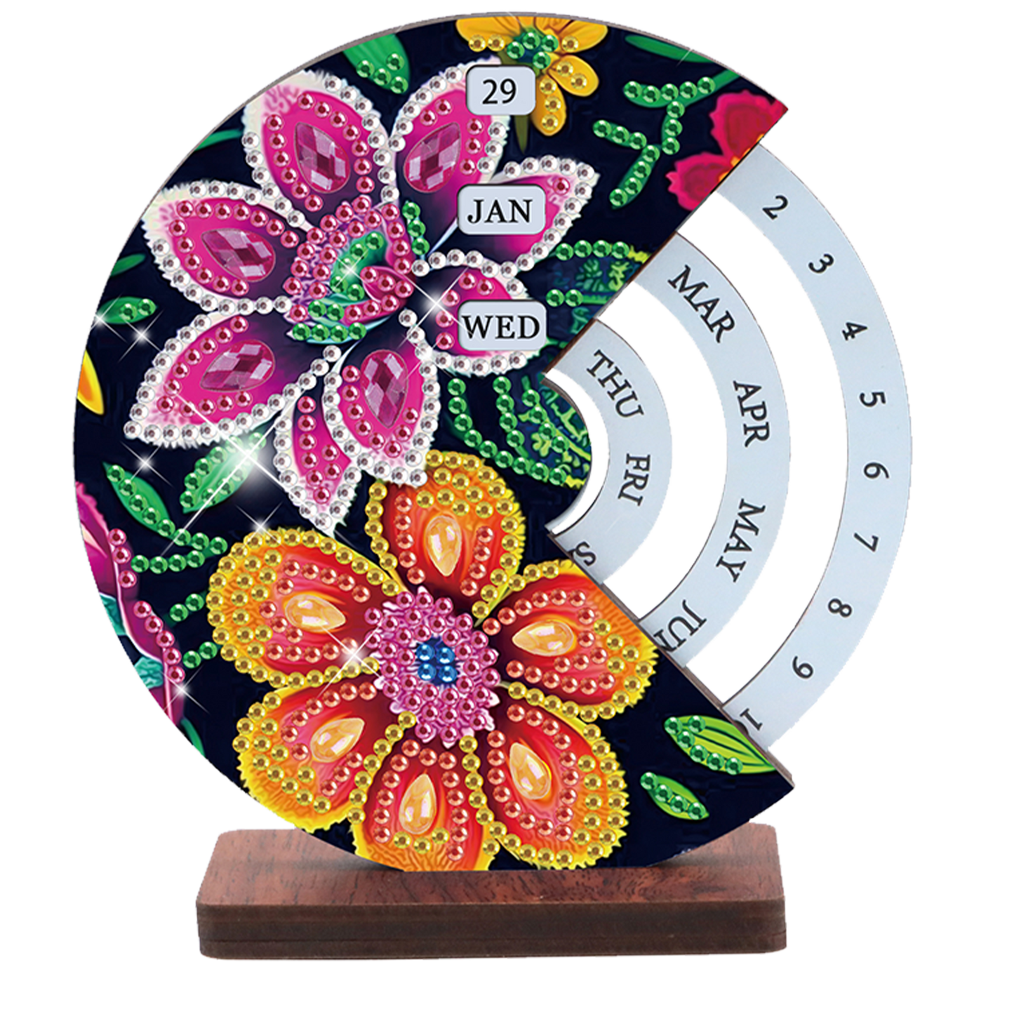 2pcs Flower Datura DIY Diamond Art Wooden Round Rotatable Calendar for Home Desk