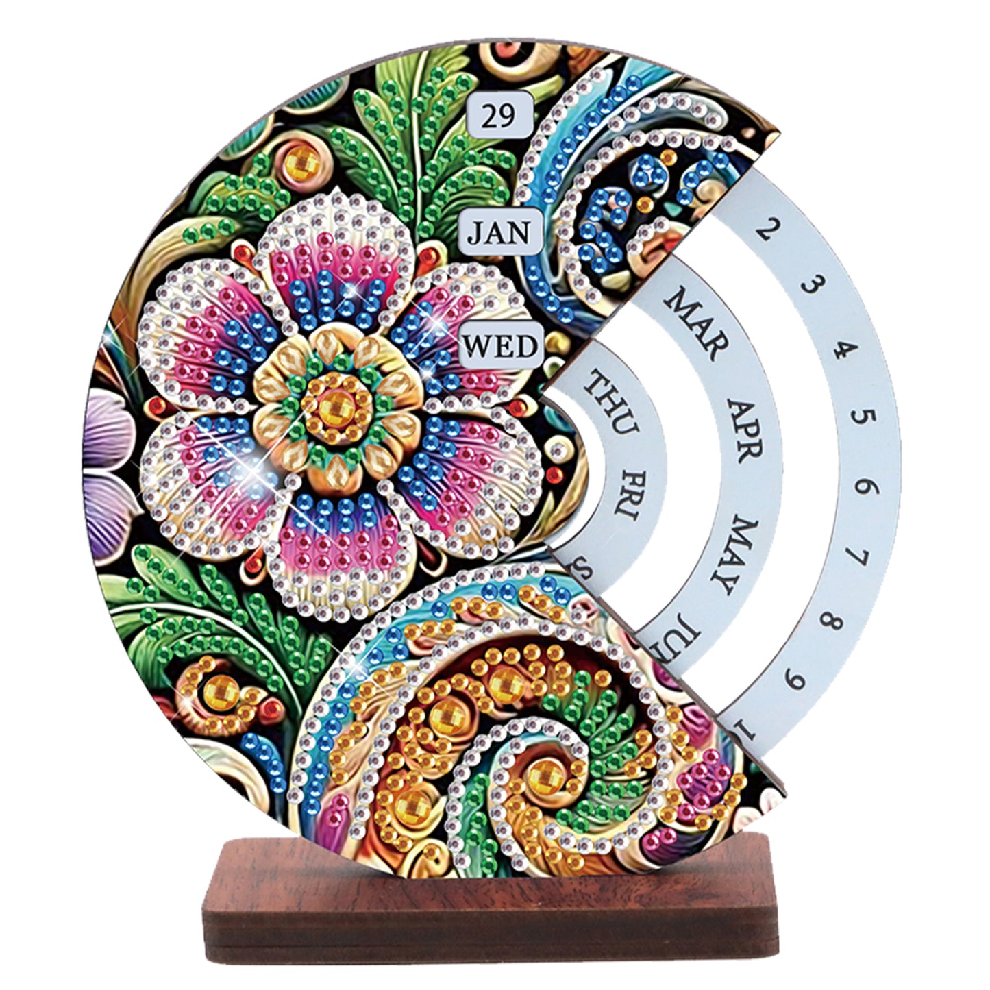 2pcs Flower Datura DIY Diamond Art Wooden Round Rotatable Calendar for Home Desk
