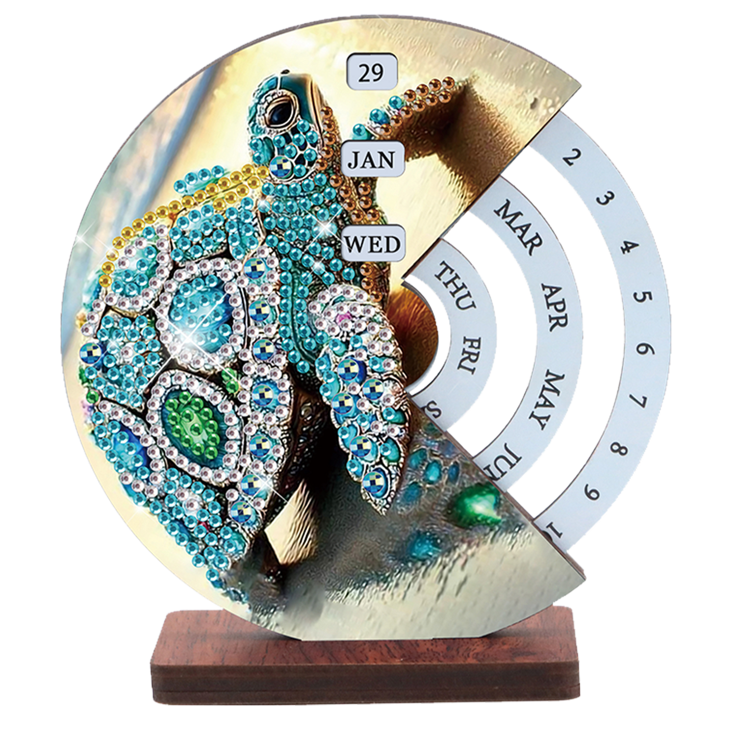 2pcs Sea Turtle DIY Diamond Art Wooden Round Rotatable Calendar for Home Office