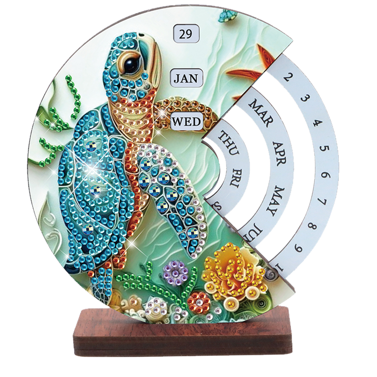 2pcs Sea Turtle DIY Diamond Art Wooden Round Rotatable Calendar for Home Office